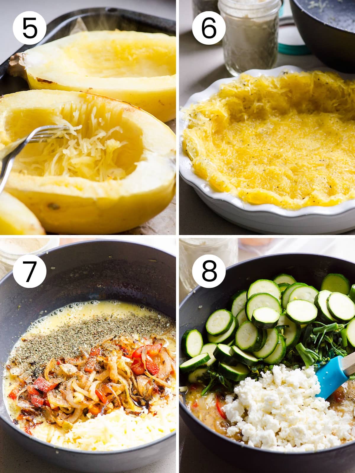 Step by step process how to make crust with spaghetti squash noodles and quiche filling.