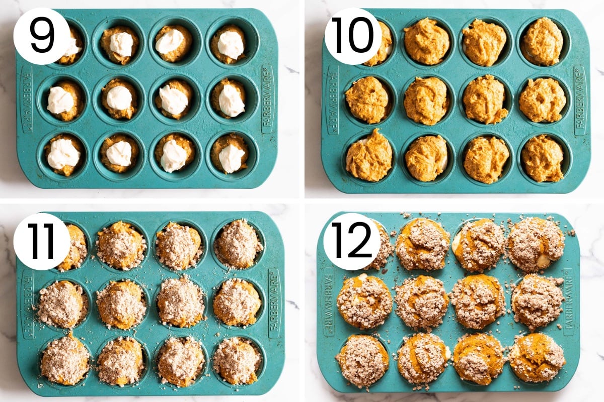 How to fill pumpkin muffins with cream cheese and top with streusel. Then bake in a muffin tin.