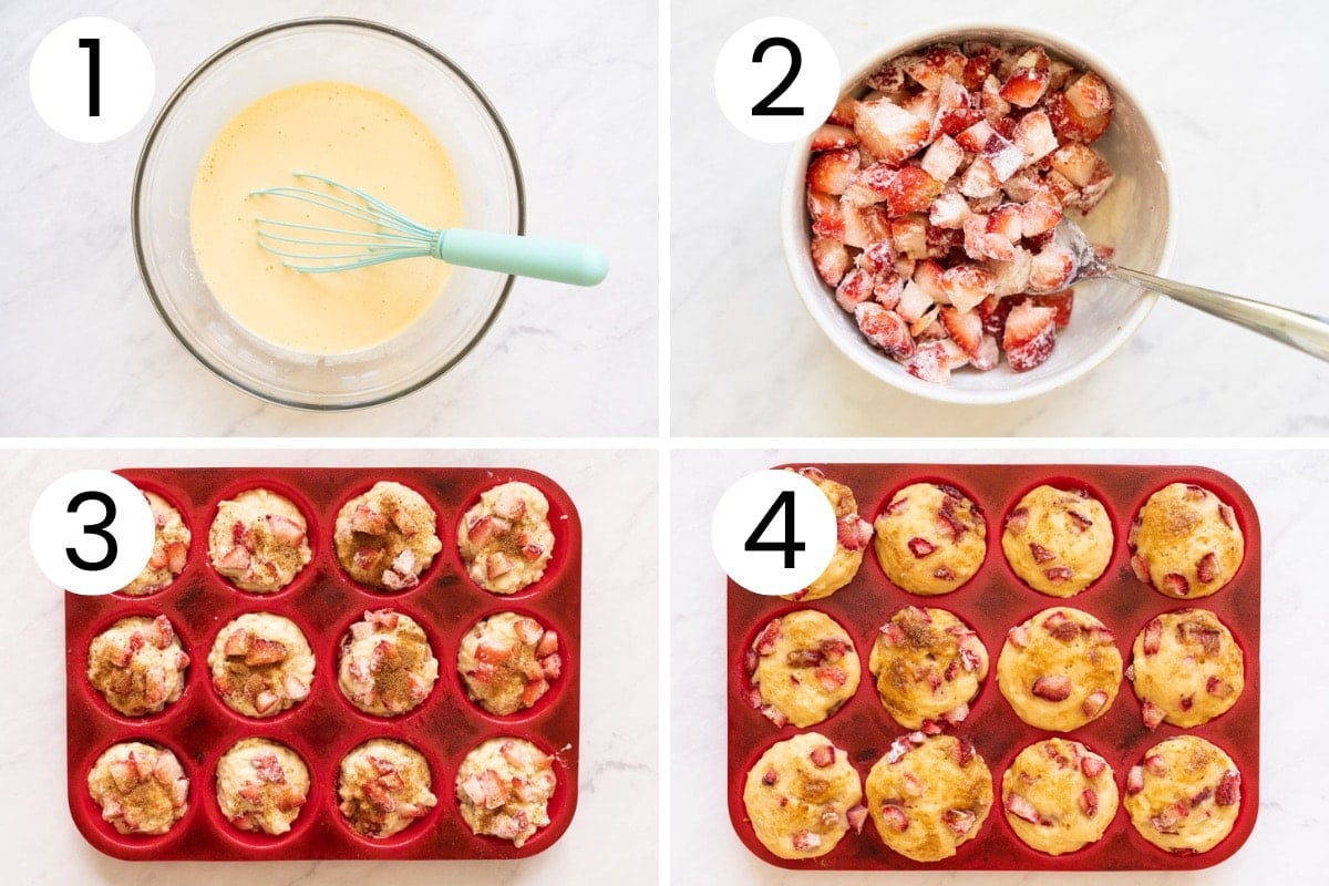 Step by step process how to make muffins with strawberries.