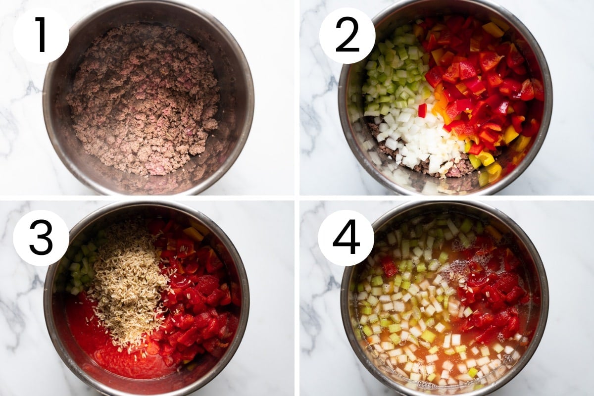 Step by step process how to make stuffed pepper soup in Instant Pot.