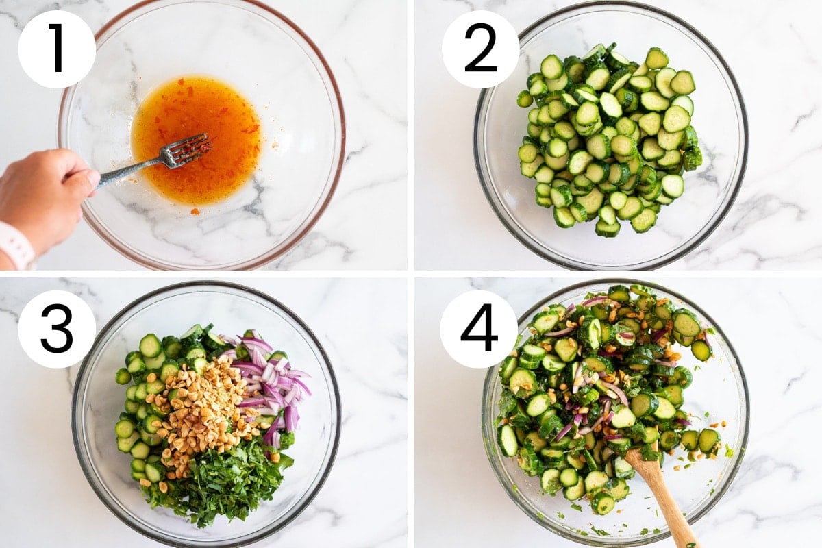 How to make Thai salad dressing and Thai cucumber salad in a glass bowl.