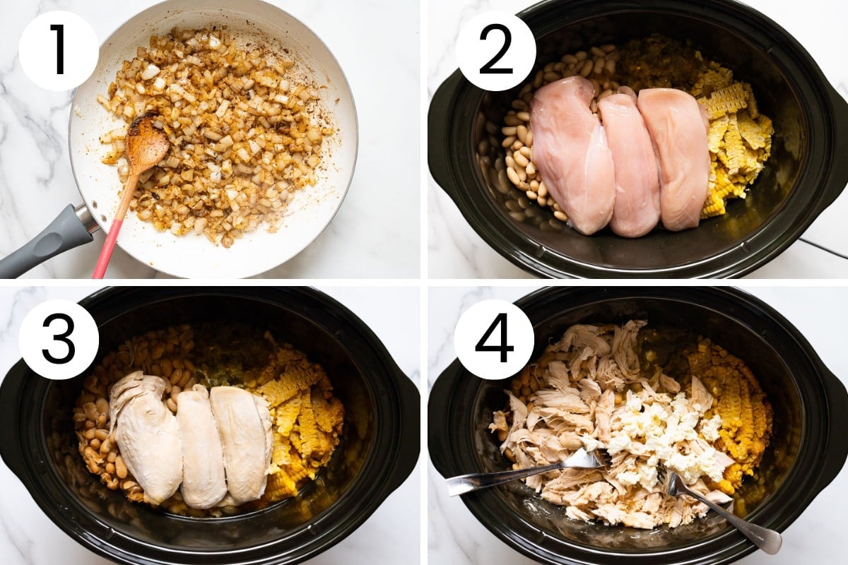 Step by step process how to saute onion with spices and then cook white chicken chili in Crock-Pot.