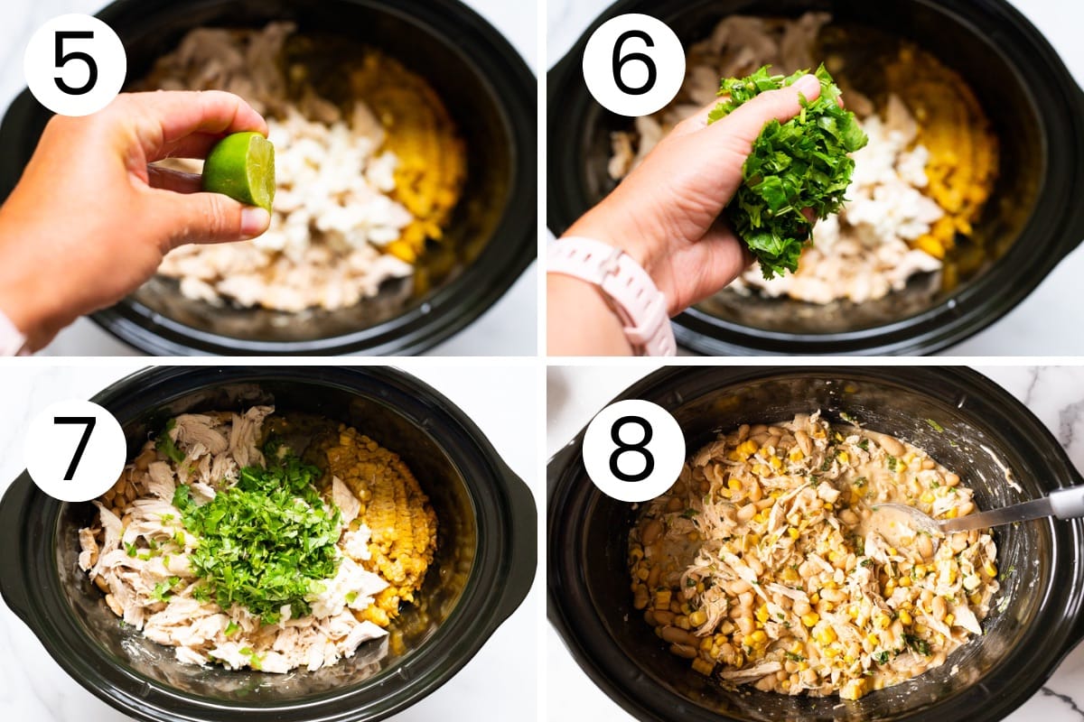 Person showing step by step how to season white chicken chili in slow cooker.