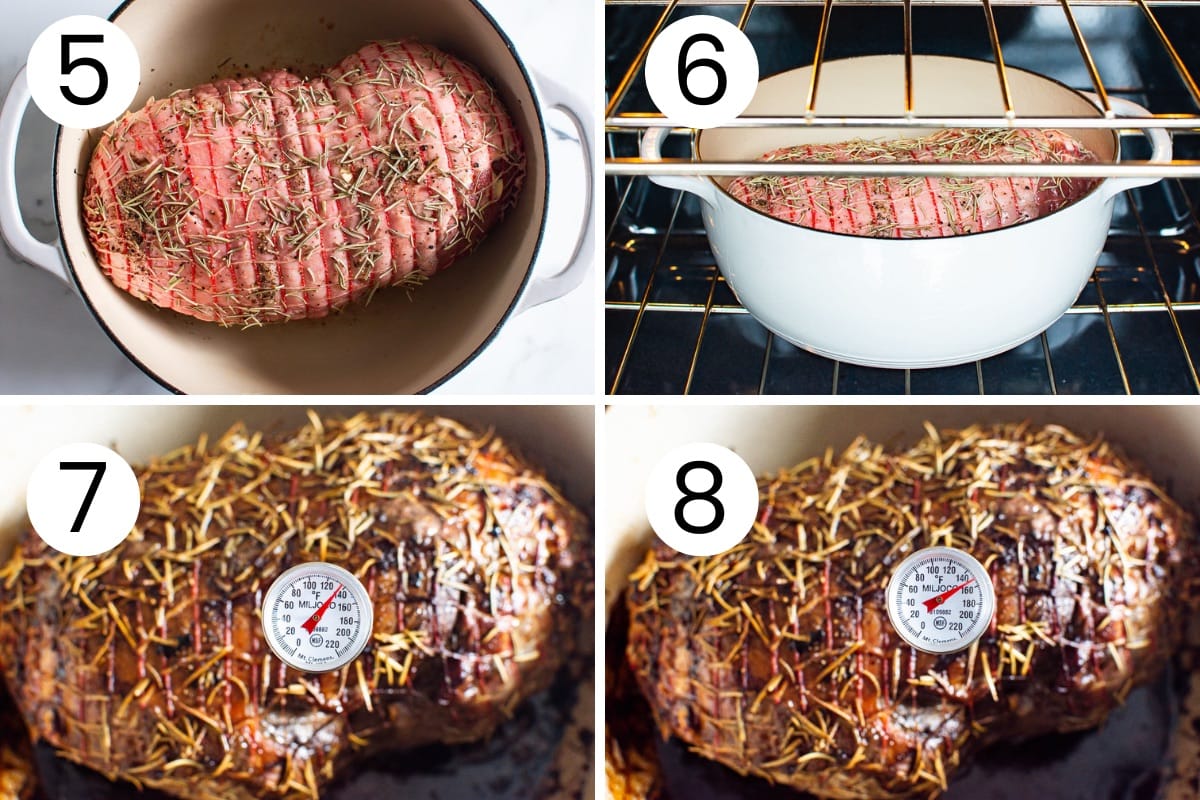 Boneless leg of lamb roast seasoned cooking in Dutch oven and then meat thermometer inserted in it.