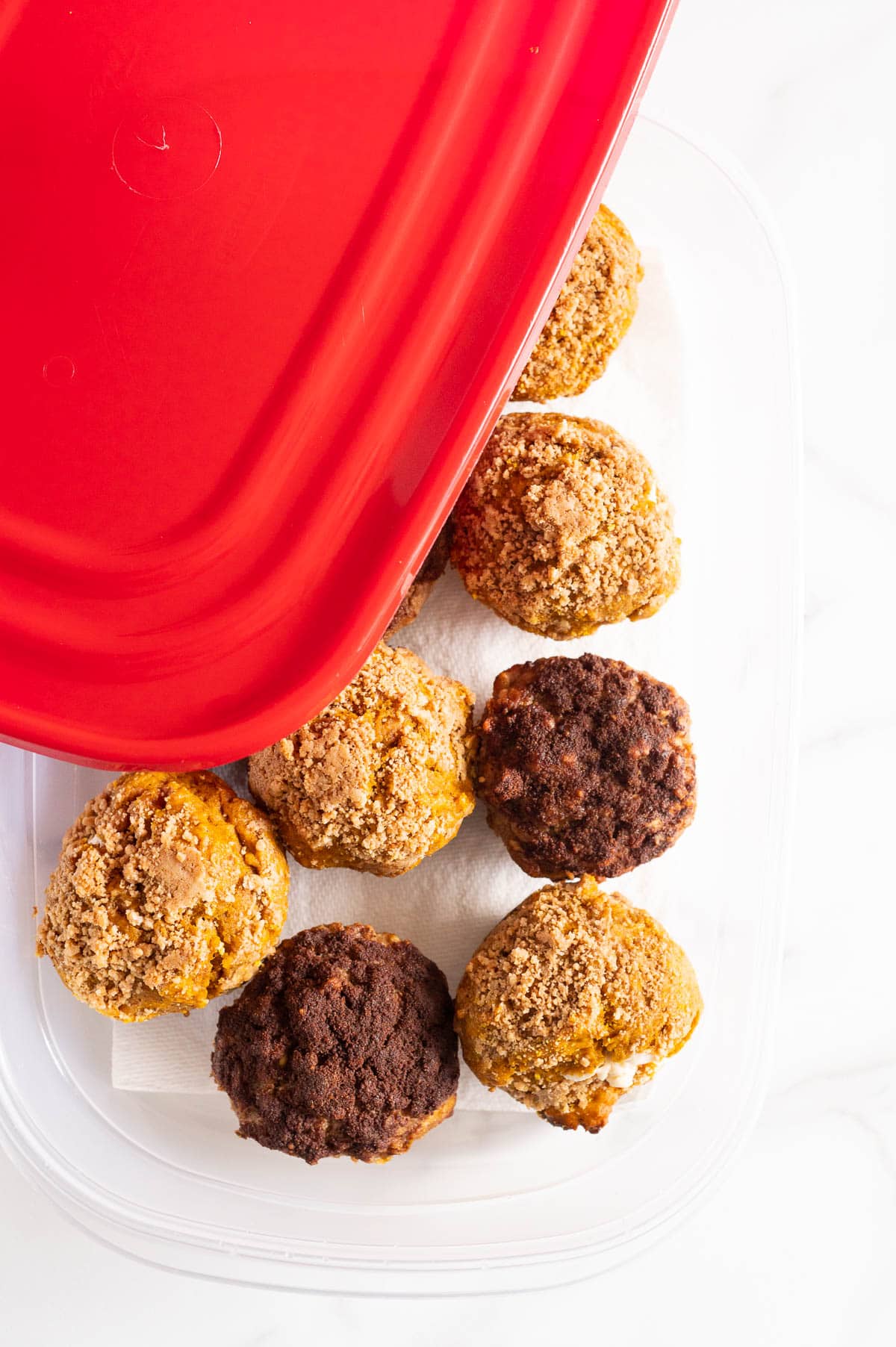 Muffins in a plastic container with a lid lined with paper towels.