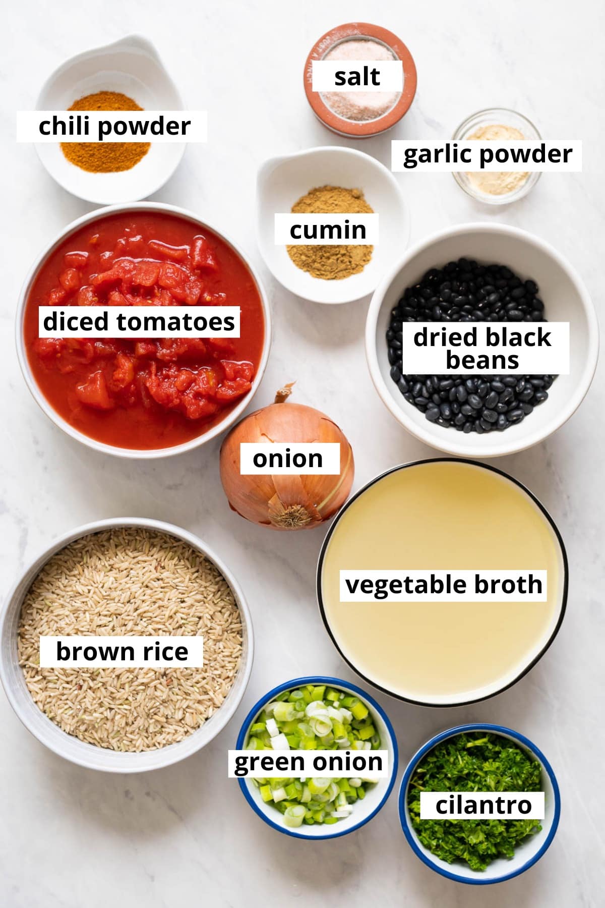 Brown rice, dried black beans, canned diced tomatoes, onion, cumin, garlic powder, chili powder, salt, cilantro, green onion, vegetable broth.