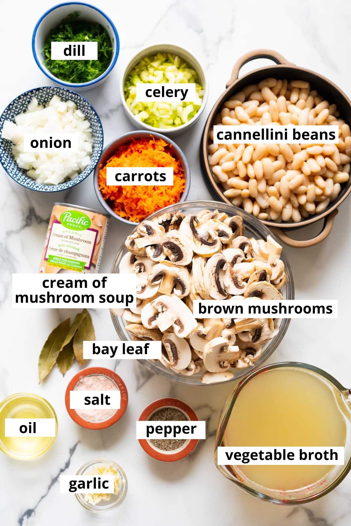 Mushrooms, beans, onion, celery, carrots, dill, cream of mushroom soup, bay leaf, vegetable broth, garlic, oil, salt and pepper.