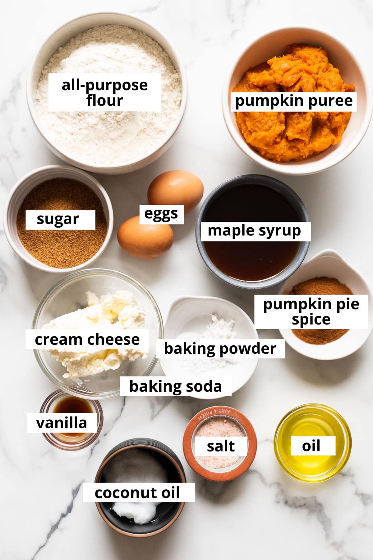 Pumpkin puree, all purpose flour, sugar, eggs, maple syrup, pumpkin pie spice, cream cheese, baking powder, baking soda, vanilla, coconut oil, salt.