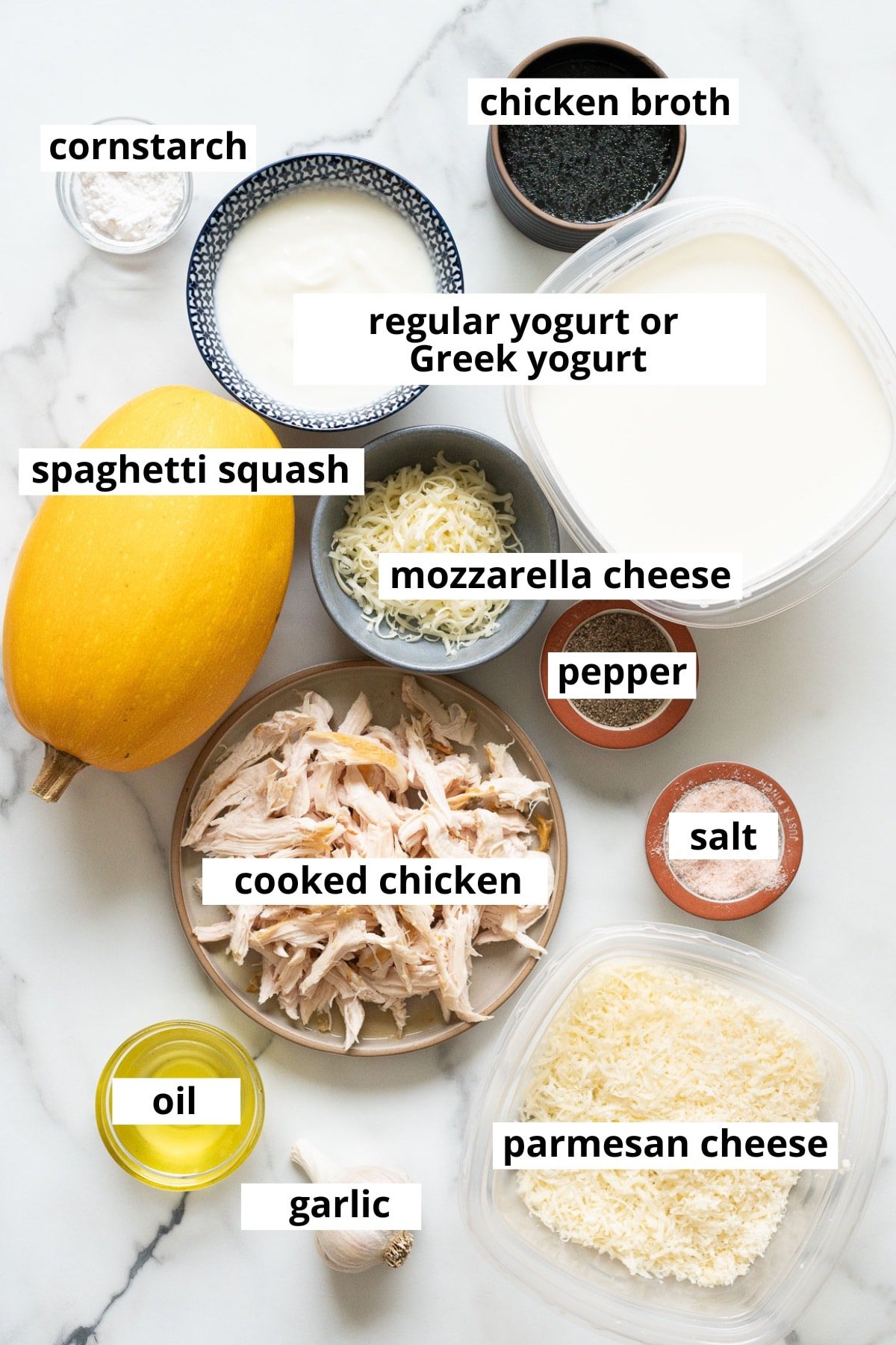 Chicken broth, regular yogurt, Greek yogurt, cornstarch, spaghetti squash, mozzarella cheese, cooked chicken, parmesan cheese, garlic, oil, salt, pepper.