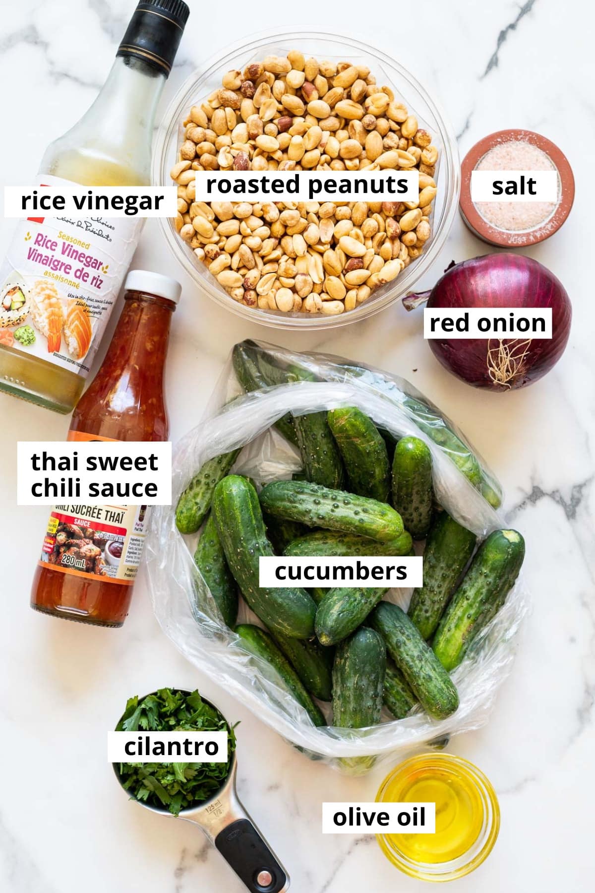 Roasted peanuts, cucumbers, rice vinegar, Thai sweet chili sauce, red onion, salt, cilantro and olive oil.