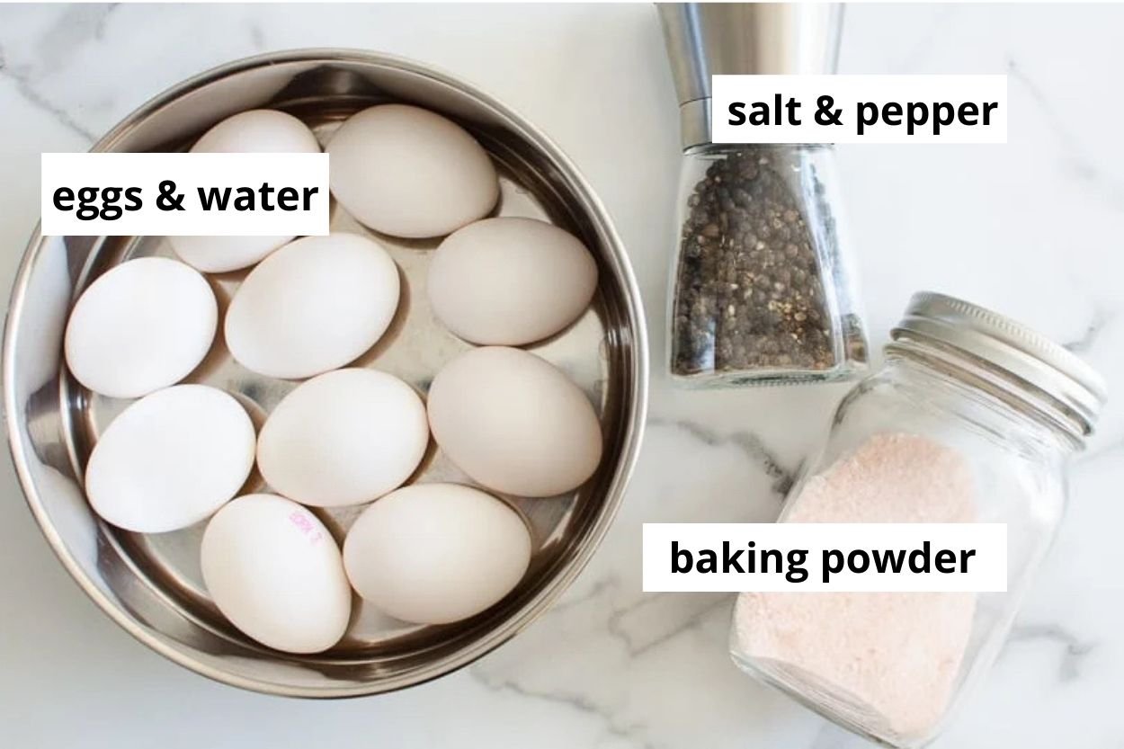 Eggs in metal pan, baking powder, salt and pepper.