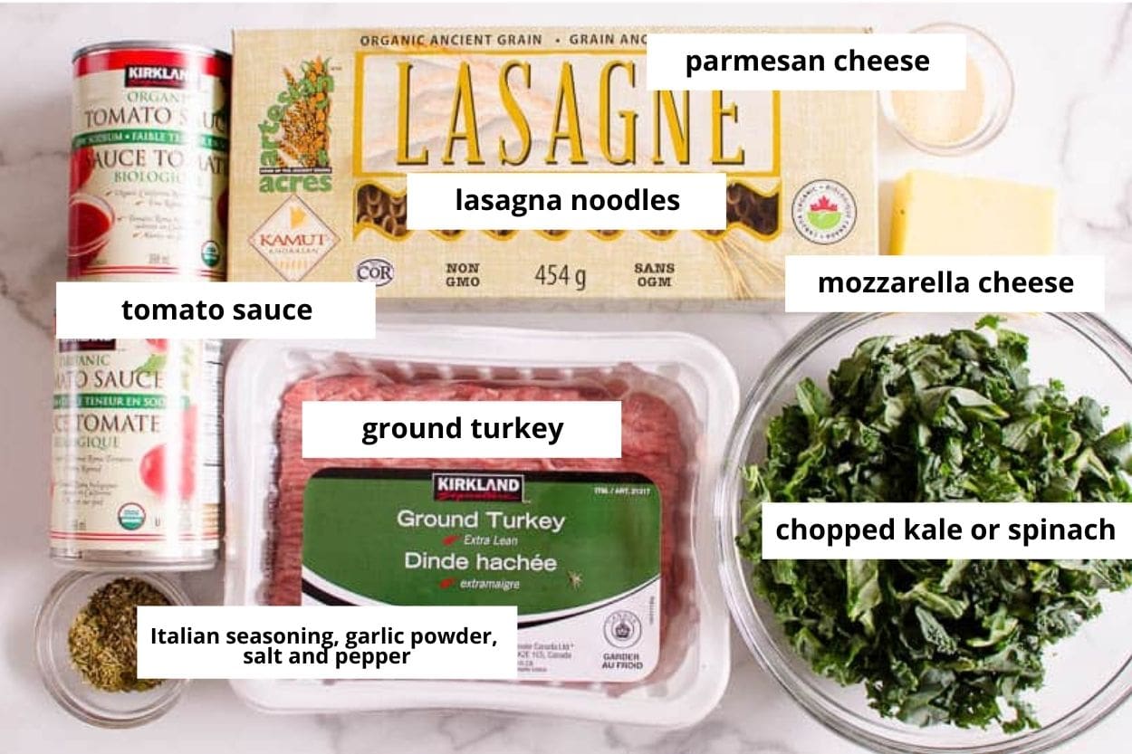 Ground meat, chopped kale, lasagna noodles, tomato sauce, mozzarella cheese, parmesan, italian seasoning, garlic powder, salt and pepper.