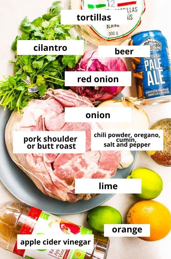 Pork shoulder, red onion, spices, beer, lime, orange, apple cider vinegar and cilantro.