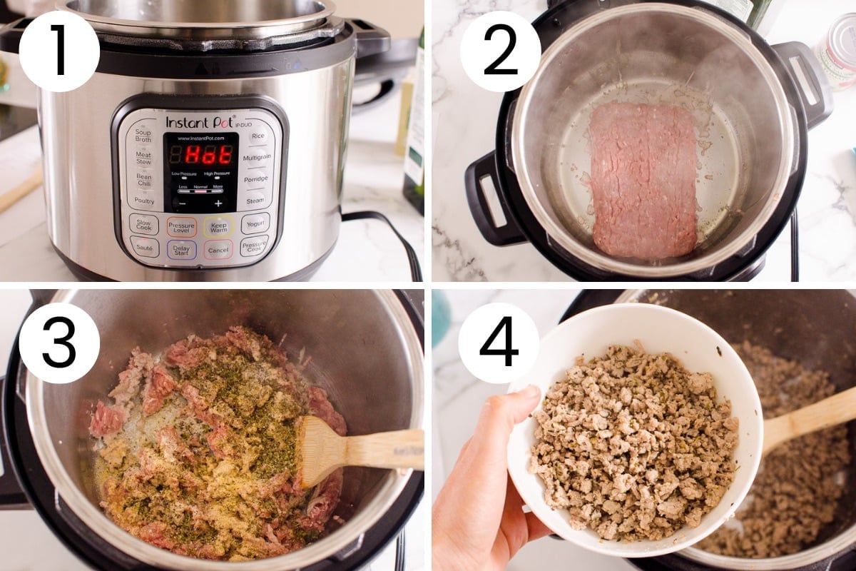 Person showing how to brown meat for lasagna in the pressure cooker.