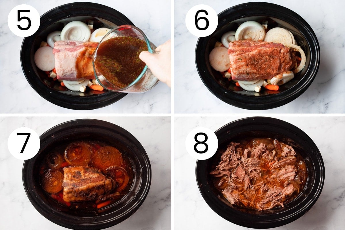 Person showing how to pour sauce over roast ingredients, then finished roast and shredded meat in crock pot.