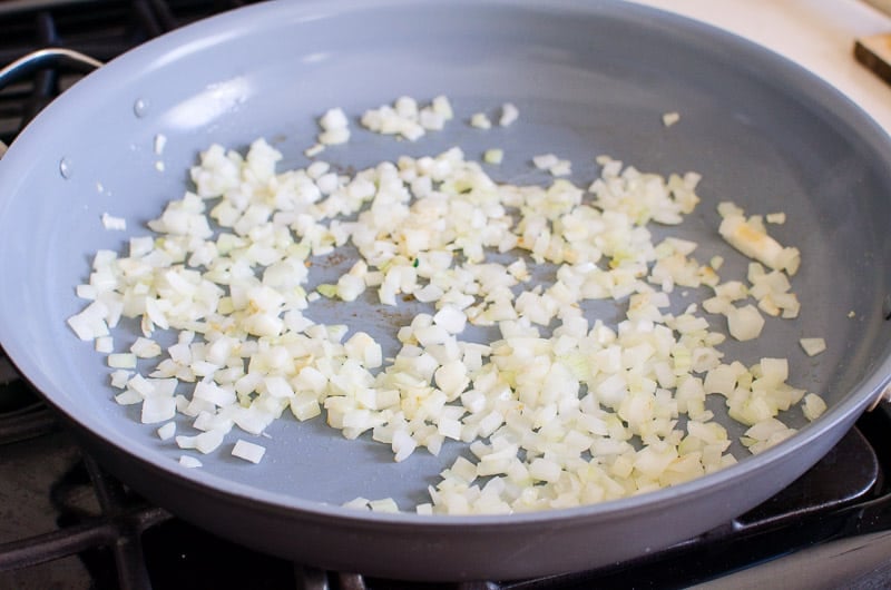 Chopped onion in skillet.