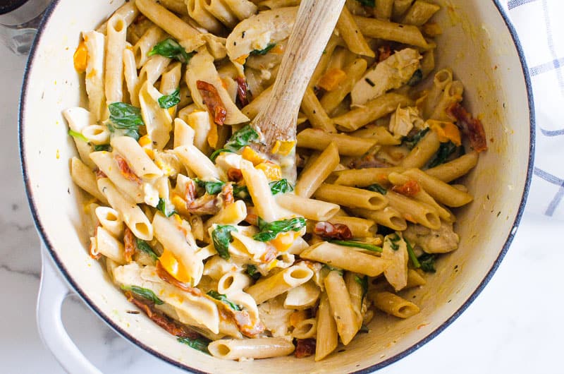 Tuscan Chicken Pasta in a pot.